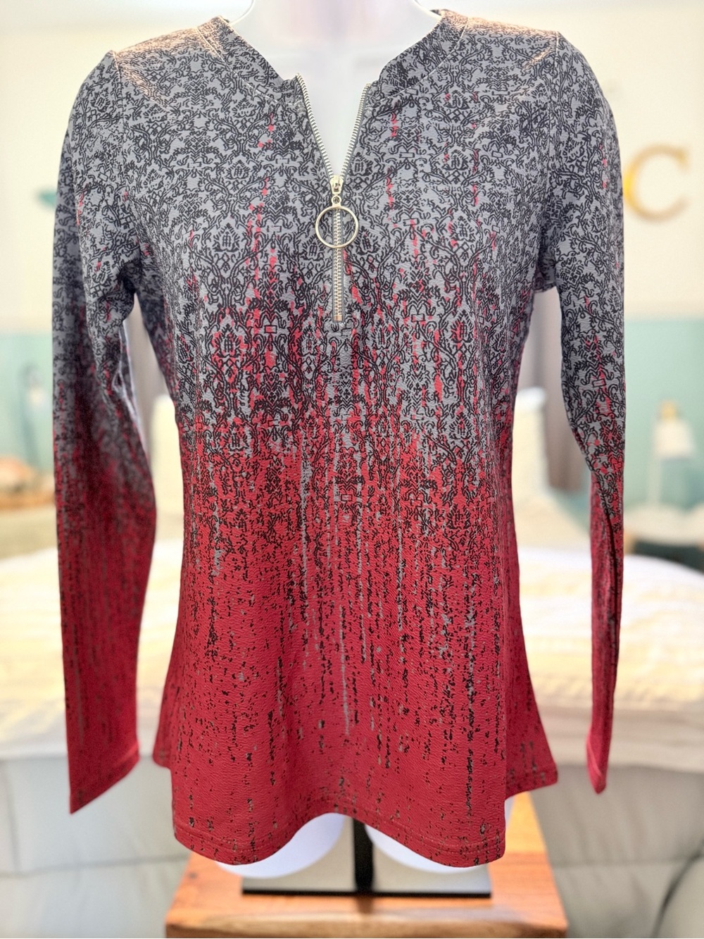 Ombre Zip-Front Long Sleeve Top in Red and Gray
